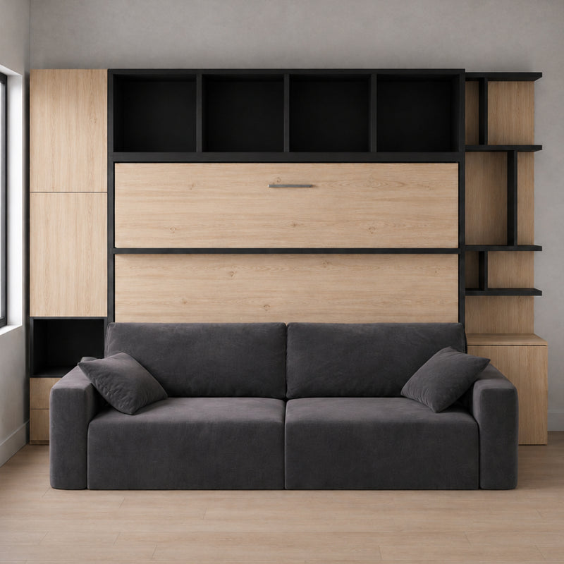 Horizontal Queen Wall Bed with Sofa and Built-In Storage