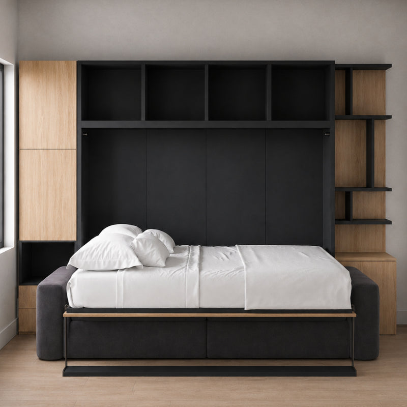 Horizontal Queen Wall Bed with Sofa and Built-In Storage