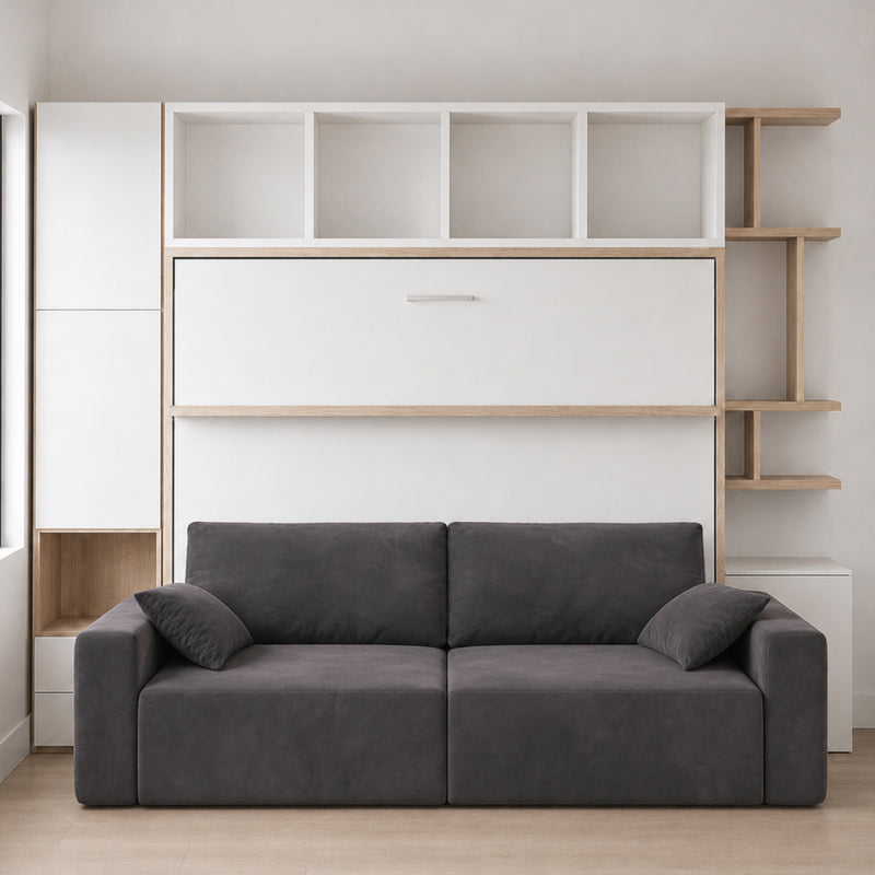Horizontal Queen Wall Bed with Sofa and Built-In Storage