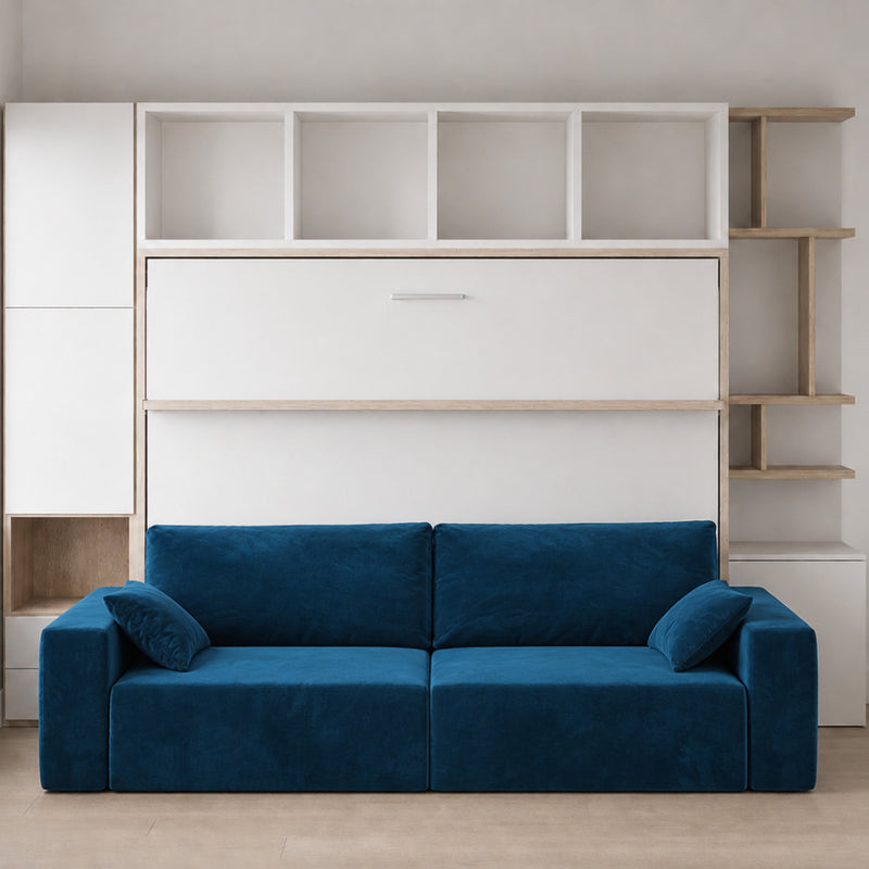 Horizontal Queen Wall Bed with Sofa and Built-In Storage