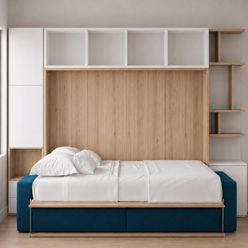Horizontal Queen Wall Bed with Sofa and Built-In Storage