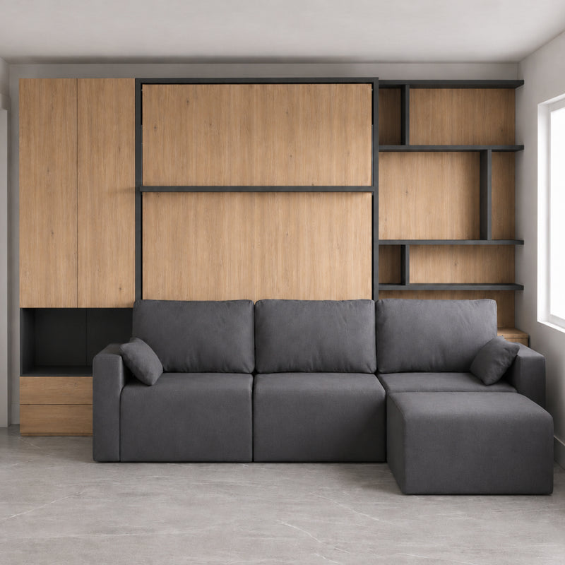 Queen Wall Bed with L-Shape Sofa and Shelving