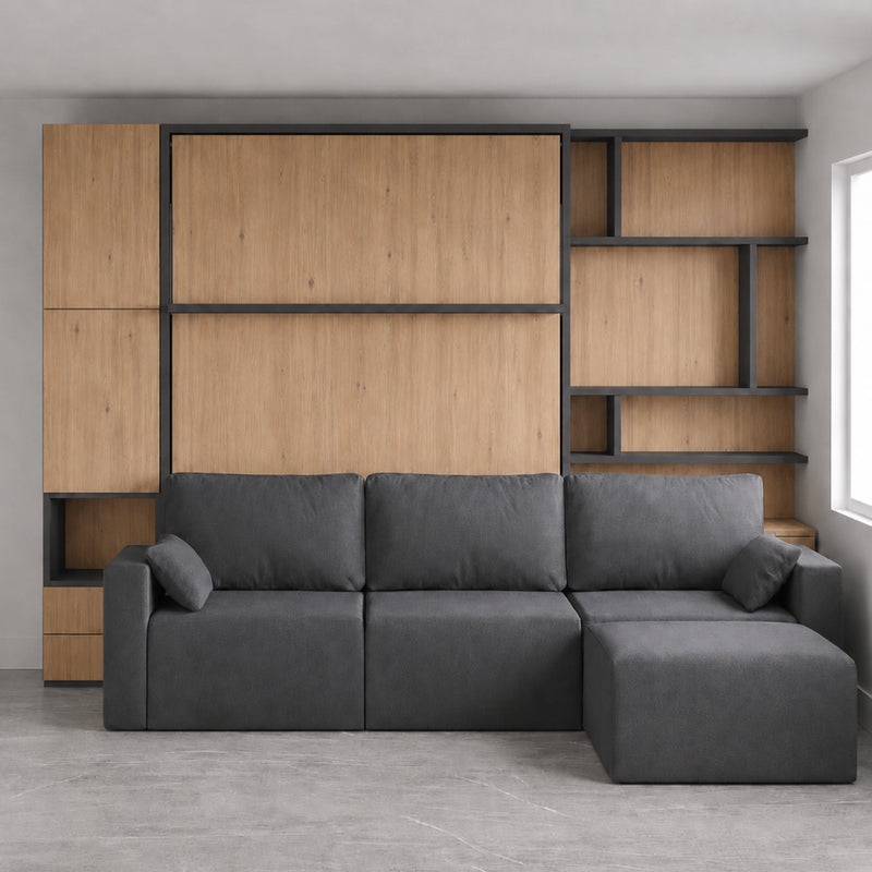 Queen Wall Bed with L-Shape Sofa and Shelving