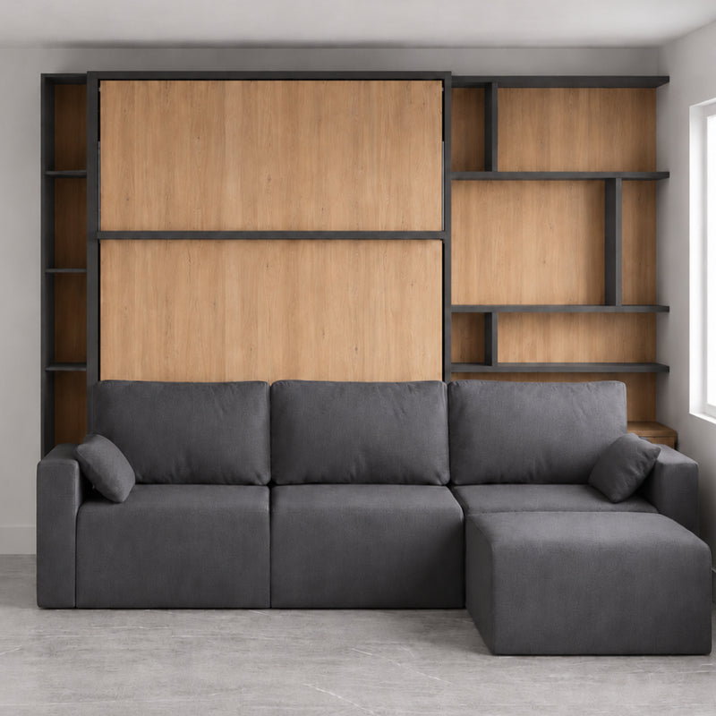Queen Wall Bed with L-Shape Sofa and Shelving