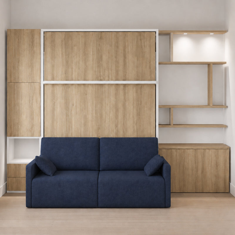 Manhattan Oak Queen Wall Bed with Sofa and Full Storage Wall