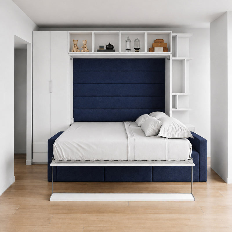 Horizontal Queen Wall Bed with Sofa with Full Cabinet Set