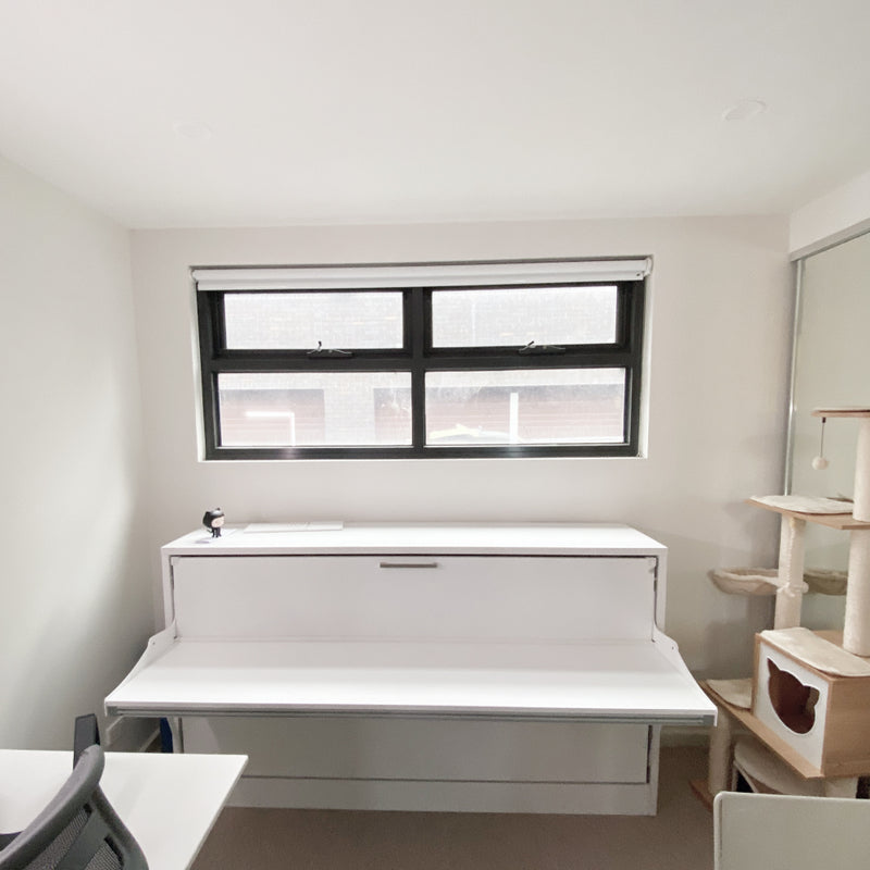 Single horizontal wall bed with desk