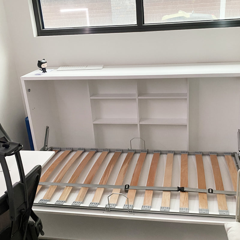 Single horizontal wall bed with desk